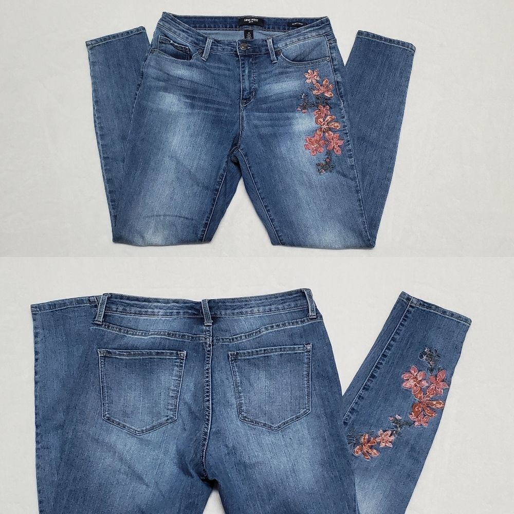 NINE West Gramercy Skinny Floral Embroidered Mid Rise Skinny Stretch Jeans 8